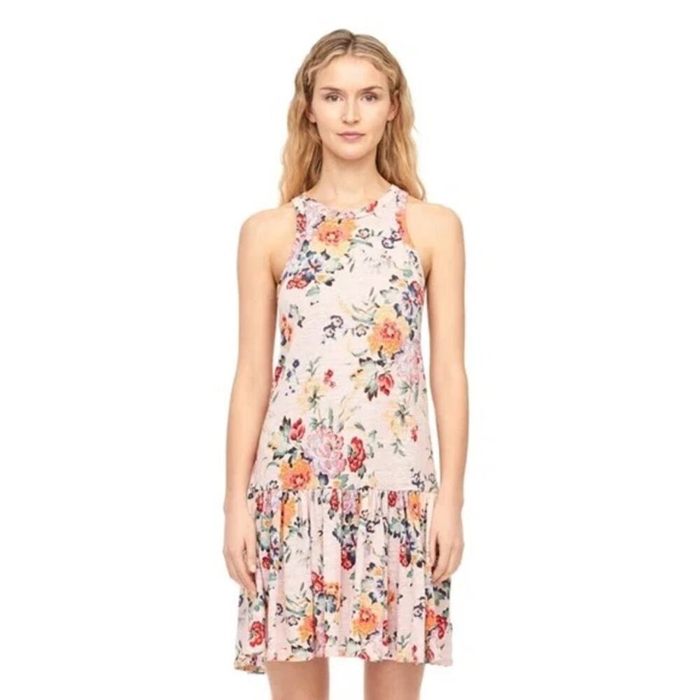 Rebecca Taylor‎ Dress 100% Linen L Drop Waist Marlena Floral Jersey Powder Pink